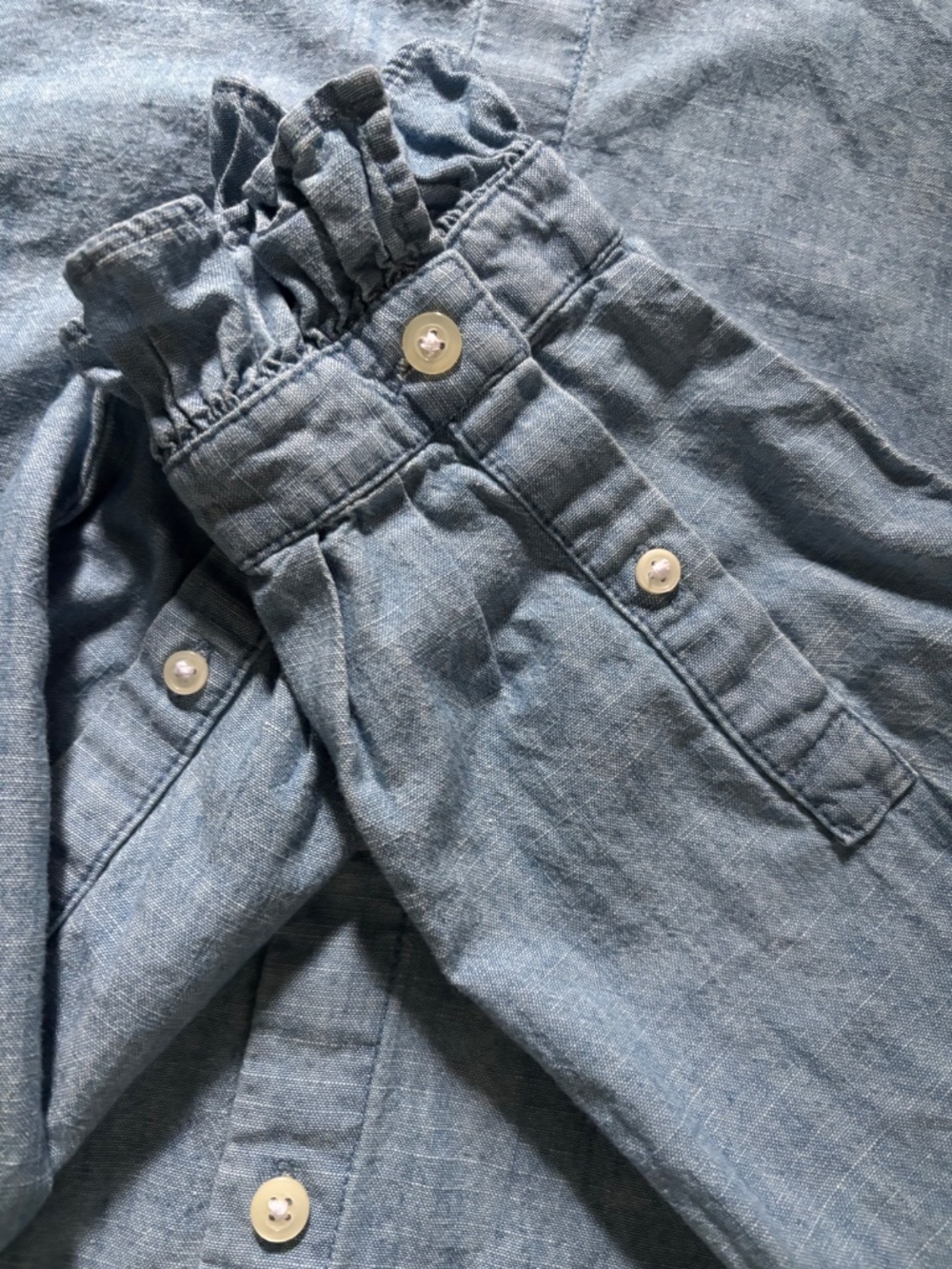 J.Crew Denim Shirt with ruffle neck and sleeves Size L Retail $110 - Picture 6 of 7